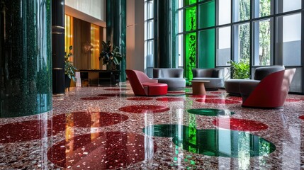Modern terrazzo flooring with rich red, indigo, and emerald green glass pieces, bringing an eco-conscious touch to a lobby.