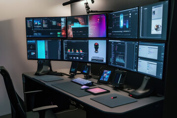 Naklejka premium High-tech surveillance and monitoring workstation with multiple screens for security and data analysis