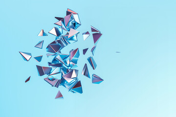 Blue background with shiny metallic objects scattered around and floating in the air, broken shattered glass debris. Minimal creative concept of violence, vandalism and destruction