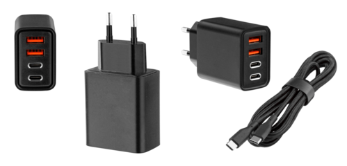 set power adapter, charging adapter with USB and Type-C connector on isolated and white background, close-up