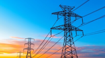 Electric transmission tower with high voltage power lines on a power pole against a sunset sky. Electrical infrastructure. Energy crisis. Electric power distribution.