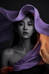 A Woman's Gaze Through Fabric: A captivating portrait of a woman with flowing fabric around her head, showcasing her intense gaze and emotional depth.