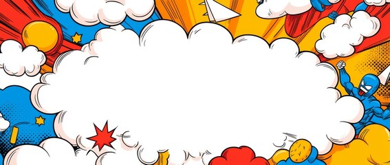 A comic book explosion backdrop, superhero birthday invitation, and vibrant speech bubbles for details are all featured in our design