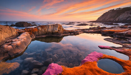 "Rocky Shoreline and Tide Pools Reflecting Sunset Colors: Capturing Coastal Beauty with Vibrant Reflections in Tranquil Tide Pools, Perfect for Scenic and Natural Themes in Stock Photography."