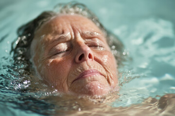 Close-up of elderly woman in the pool with eyes closed, deeply enjoying a serene and relaxing moment in the water