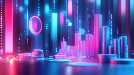 Fototapeta premium Futuristic digital cityscape with neon lights and data visualization