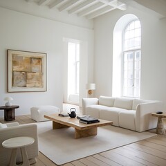 Fototapeta premium Serene Minimalist Living Room, A minimalist living room bathed in natural light, featuring a plush white sofa, a large coffee table, and a statement art piece.