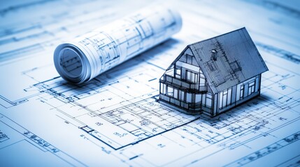 A model house sits on top of detailed architectural blueprints, symbolizing the planning process