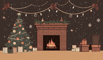 A brown background with the silhouette of a Christmas tree, garland, and fireplace for a New Year's Eve party. 