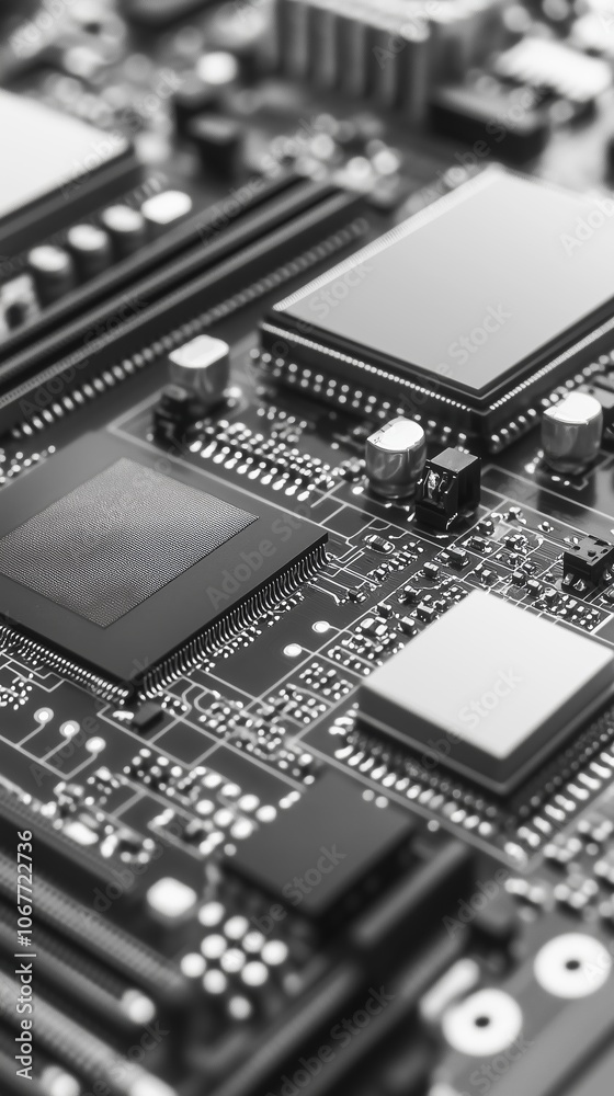 Poster close-up view of a complex circuit board showcasing intricate electronic components and connections 