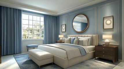 Modern Bedroom Interior with Blue Accents and White Bed