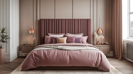 Obraz premium Luxurious Bedroom with Pink Bedding and Gold Accents