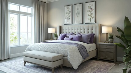 Obraz premium A Luxurious Bedroom with a Large Bed, Plush Pillows, and Elegant Decor