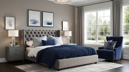 Modern Bedroom Interior with Grey Upholstered Bed and Blue Accents