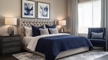 Fototapeta premium Modern Bedroom Interior with Blue and Grey Decor