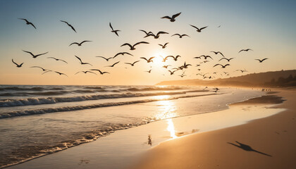 "Seagulls in Flight Over Beach at Sunset: Capturing Freedom and Movement in a Coastal Scene with Golden Light and Dynamic Silhouettes, Perfect for Nature and Serenity Themes in Stock Photography."