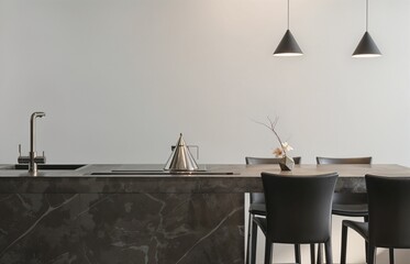 Interior of modern kitchen with marble countertop and built in sink