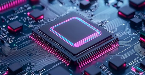 Circuit board processor. Electrical signals flowing. Computer and technology related 3D illustration.