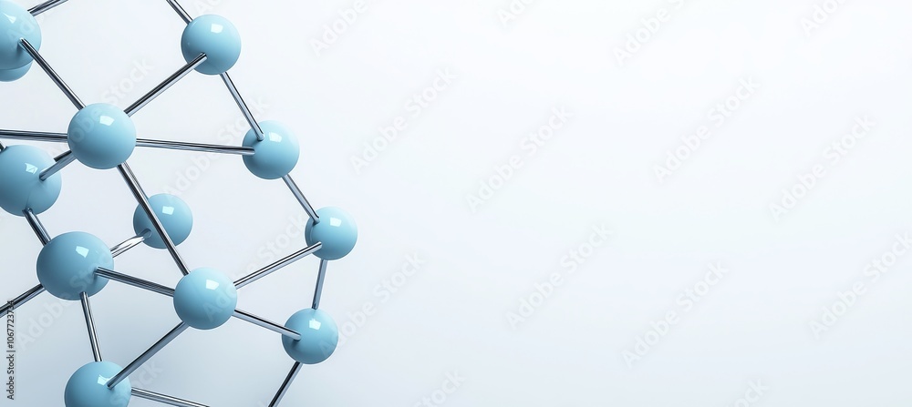 Poster 3d image of a shiny metal sphere cluster. science and technology background. grid of linked spheres.
