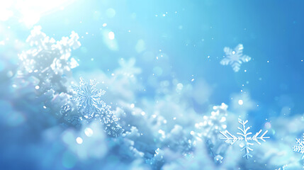 a dreamy winter scene filled with sparkling snowflakes against a soft blue background. The gentle bokeh effect adds depth and a magical ambiance