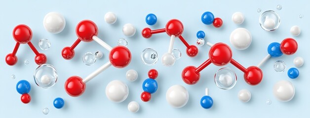 Science analysis concept, transparent atom/molecule water structure, blue background, from microscope in laboratory, chemistry, medical research and development, 3D rendering illustration, science