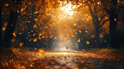 Golden Autumn Leaves Falling in Forest Path	