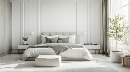 Fototapeta premium Minimalist Modern Bedroom with White Bedding, Green Pillows, and a White Ottoman