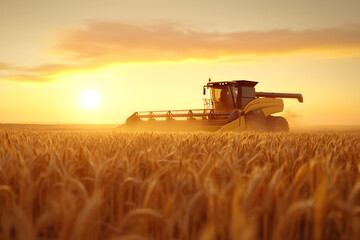 Naklejka premium A golden wheat field stretches across the foreground, with a harvesting machine working efficiently, collecting the ripe crops in a scene of agricultural abundance