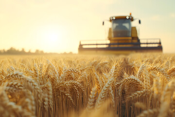 Fototapeta premium A golden wheat field stretches across the foreground, with a harvesting machine working efficiently, collecting the ripe crops in a scene of agricultural abundance