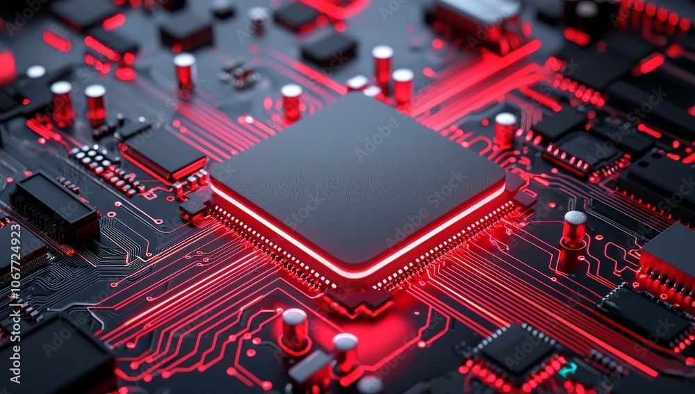 Poster using generative stock, this image shows a microchip, surface zoom in, macro aspect, and it tools.