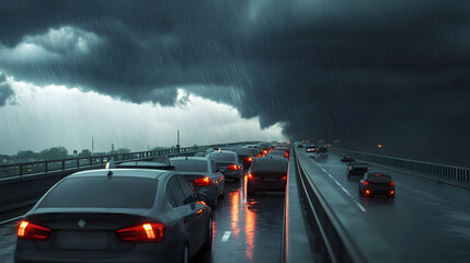 long line of cars evacuating over bridge during severe storm, with dark clouds and rain creating tense atmosphere. scene captures urgency and concern of situation