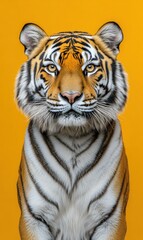 A close-up portrait of a tiger looking directly at the camera. AI.