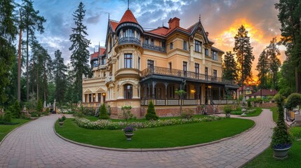 Fototapeta premium A large house with a long porch and a beautiful garden. AI.