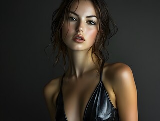Naklejka premium Young woman with an edgy style wearing a leather dress with a deep neckline
