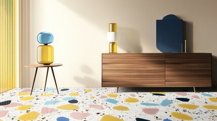 A terrazzo floor design blending yellow, blue, and pink glass pieces, matched with a sleek wooden dresser and modern table lamp.