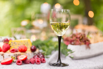 White wine glass at organic wine and cheese tasting outdoors. Shallow depth of field, bokeh