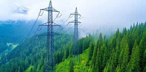 An abstract photo showing high voltage power lines through dense forest.