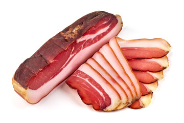 Italian prosciutto crudo or spanish jamon. Jerked meat, isolated on white background