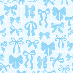 Coquette soft blue bow. Seamless pattern decorative ribbon bow-knot on checkered background. Trendy aesthetic girls textured elegant accessories. Vector illustration