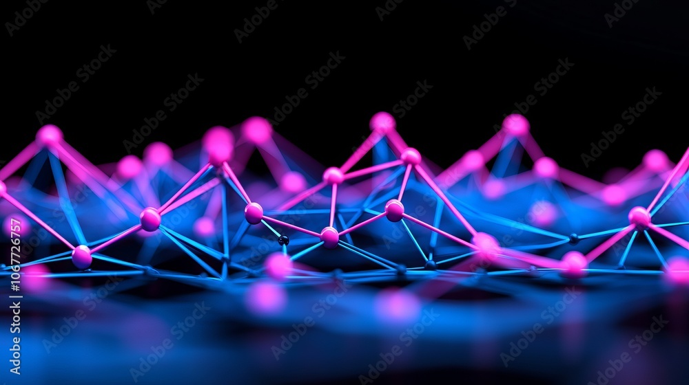 Poster computer-generated abstract background made from a colorful glowing nanotechnology grid with depth o