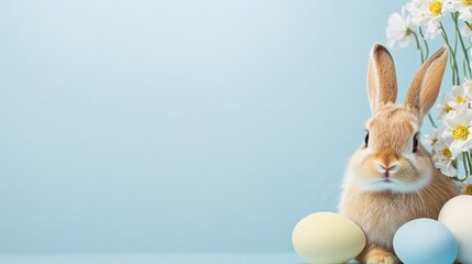 Obraz premium Minimalist Easter background with bunny and eggs