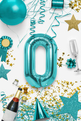 Numero 0 con stelle, coriandoli, coriandoli, champagne.
