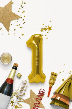 Numero 1 con stelle, coriandoli, coriandoli, champagne.
