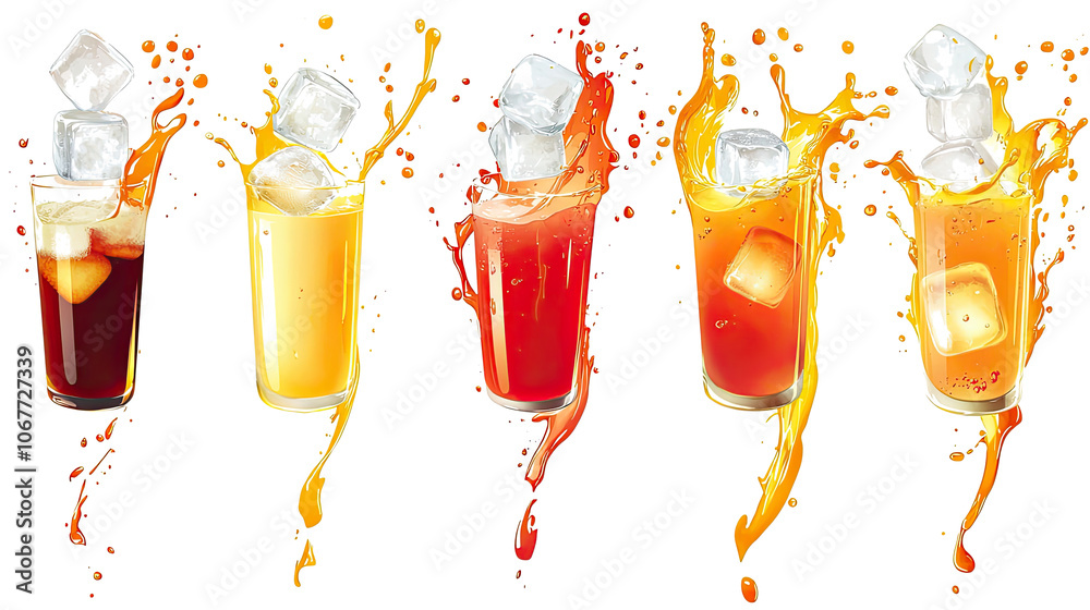 Poster refreshing collection of cold beverages splashing with ice cubes generative ai