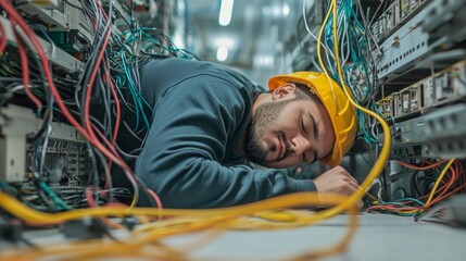 faceless male system administrator lying floor surrounded tangled wires equipment room focusing repair work and troubleshooting day.