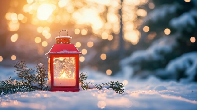 Christmas background with red lantern and fir tree branch. .Winter Holidays Scene. New Year greeting card.
