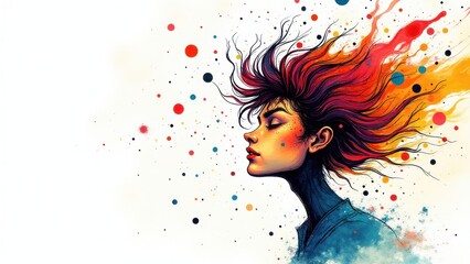 Expressive profile of a woman with colorful, flowing hair, symbolizing artistic inspiration and inner vision