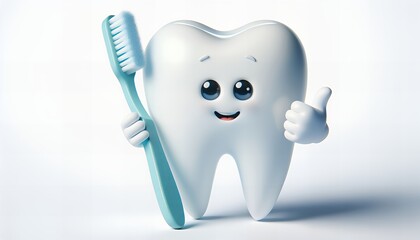 Happy tooth holding a toothbrush and giving a thumbs up. Perfect for dental care campaigns.