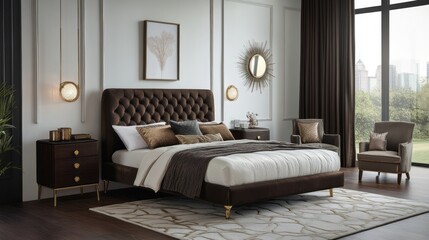 Modern Brown Velvet Bedroom with Gold Accents and City View
