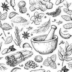 Herbs and spice seamless pattern. Vector drawing background with mortar and pestle. Engraved style flavor and condiments